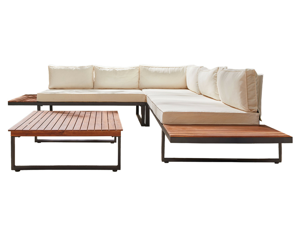 Yulara - salon bas d'angle de jardin 5 places - bois, métal et coussins beiges