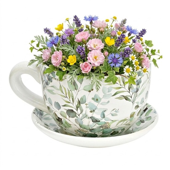 Vase ou pot de fleurs en forme de tasse feuilles d'eucalyptus
