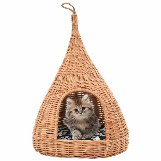 Panier pour chat tipi en saule naturel avec coussin douillet pour intérieur