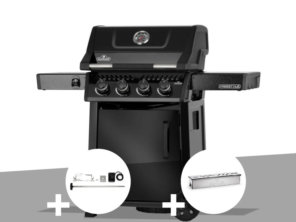 Barbecue gaz freestyle 425 noir 4 brûleurs avec porte et brûleurs inox + rôtisso
