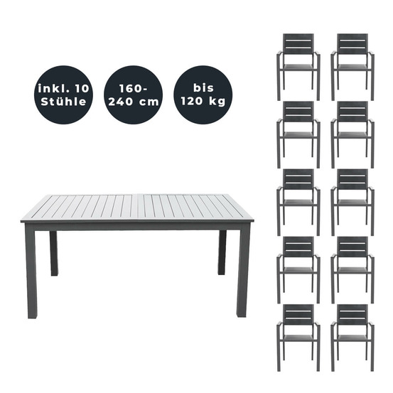 Home deluxe - table de jardin extensible - casa - env. 160 (240) x 100 x 74 cm - avec 10 chaises, piètement et plateau en aluminium