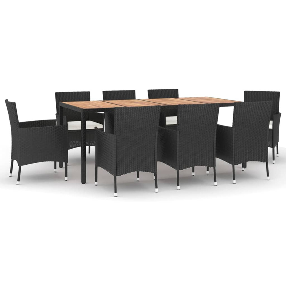 Ensemble à manger jardin 9pcs et coussins noir résine tressée
