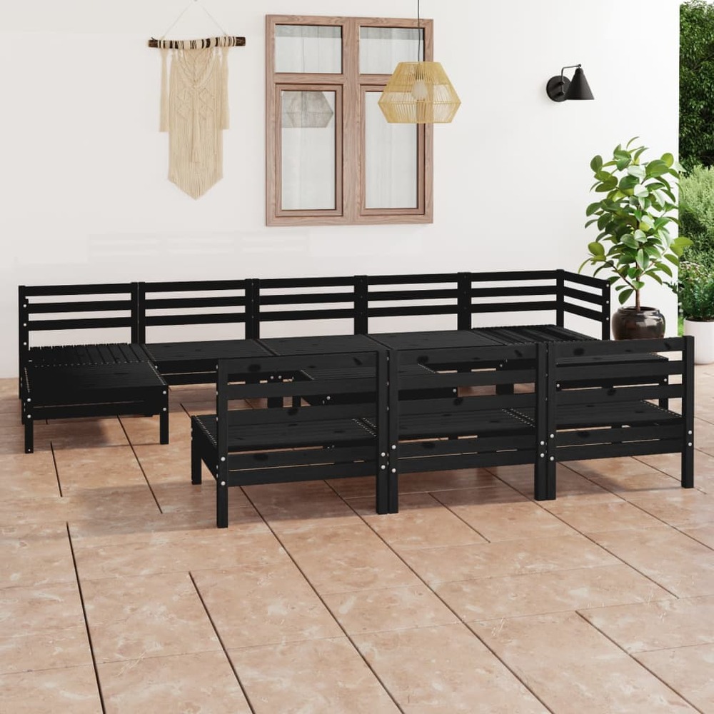 Salon de jardin 11 pcs noir bois de pin massif
