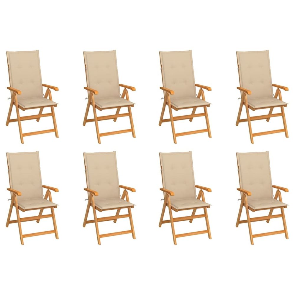 Fauteuils pliants inclinables avec coussins, 8 pièces, en teck massif