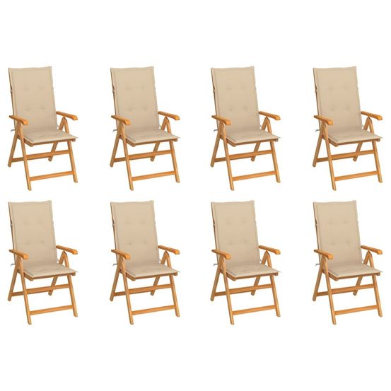 Fauteuils pliants inclinables avec coussins, 8 pièces, en teck massif