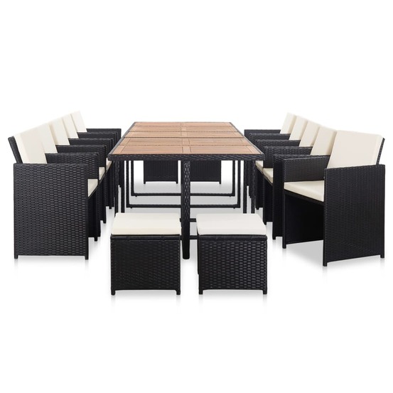 Ensemble à manger d'extérieur 15 pcs avec coussins rotin noir