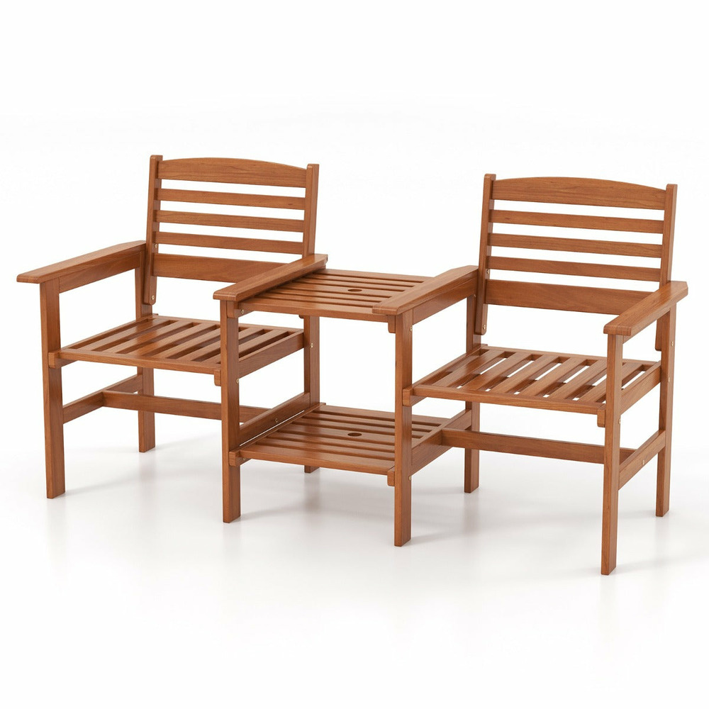 Ensemble de meubles de patio 2 places en bois causeuse d'extérieur avec table basse et trou pour parasol ensemble de conversa