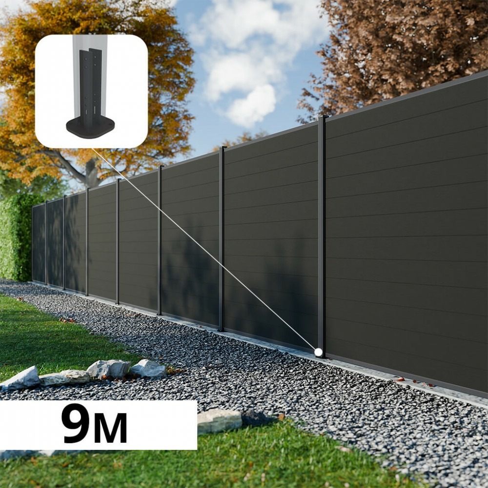 Kit clôture composite rio anthracite 9x1,8m - bois composite & aluminium - poteaux sur platines gris - brise vue - palissade
