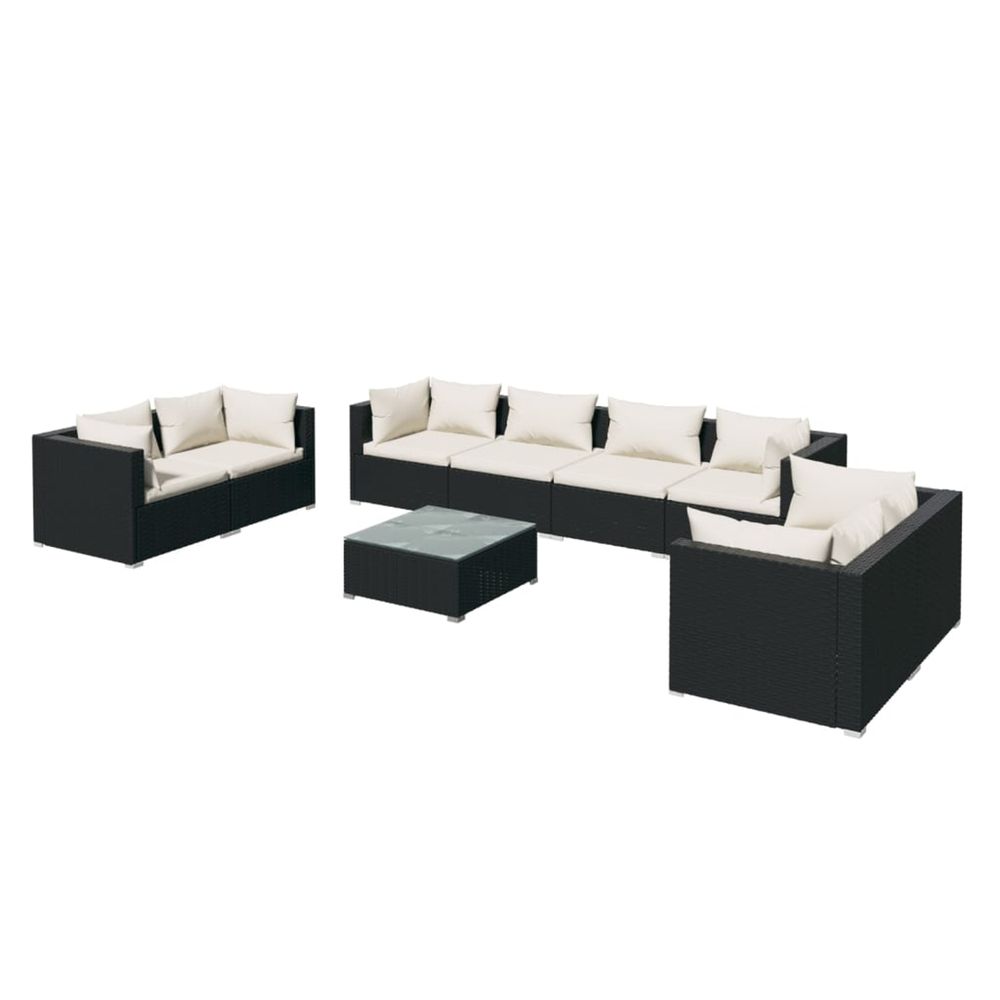 Salon de jardin 9 pcs avec coussins résine tressée noir