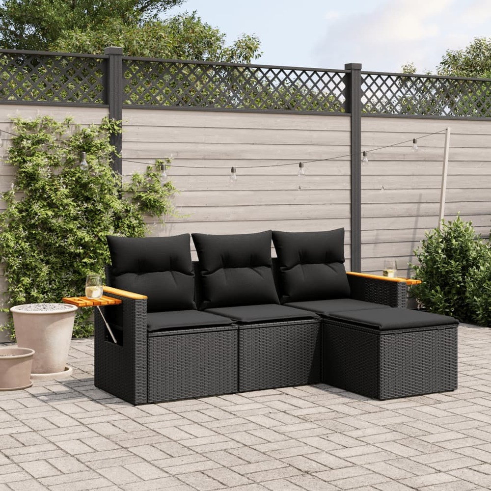 Salon de jardin 4 pcs avec coussins noir résine tressée