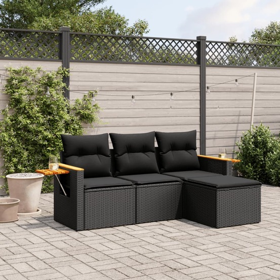 Salon de jardin 4 pcs avec coussins noir résine tressée