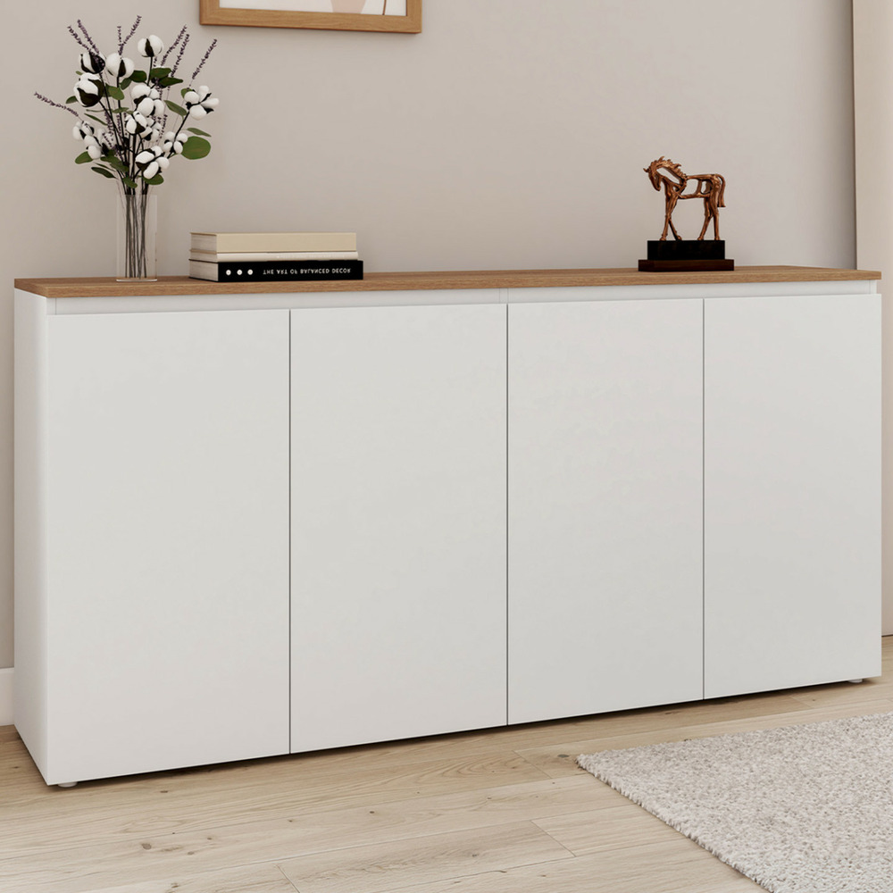 Buffet 160 cm toby 4 portes blanc et plateau bois