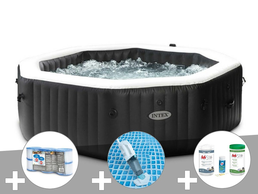 Kit spa gonflable purespa carbone octogonal bulles et jets 6 places + 12 filtre