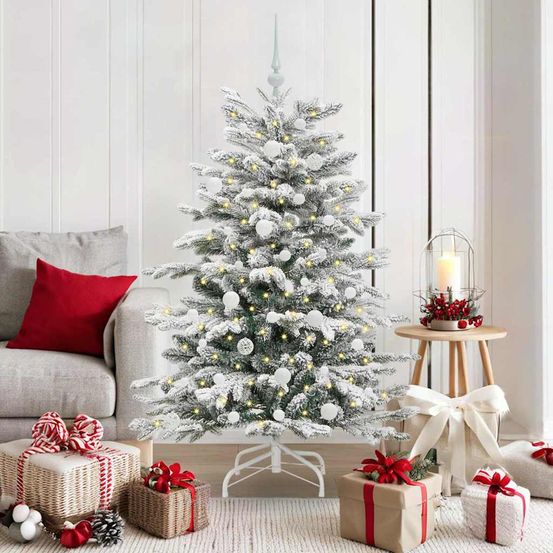 Sapin de noël moderne 1.50m blanc, set complet avec boules, cimier et lumières