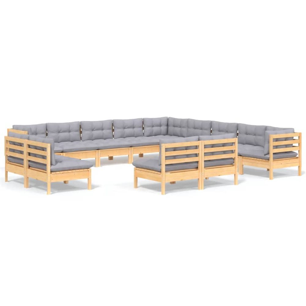 Salon de jardin 13 pcs avec coussins gris bois de pin massif