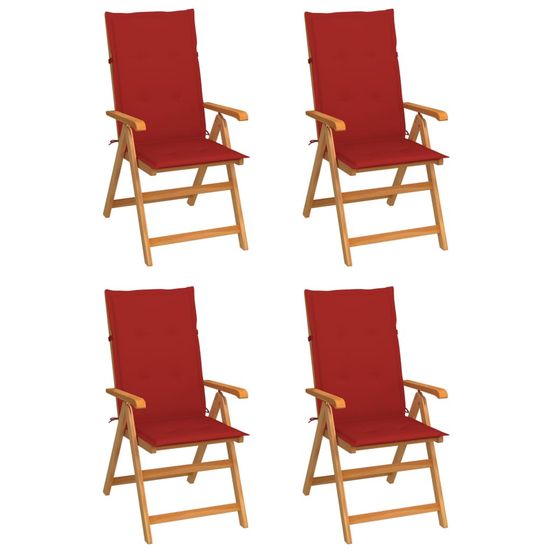 Ensemble de 4 chaises pliantes avec coussins rouges en teck massif