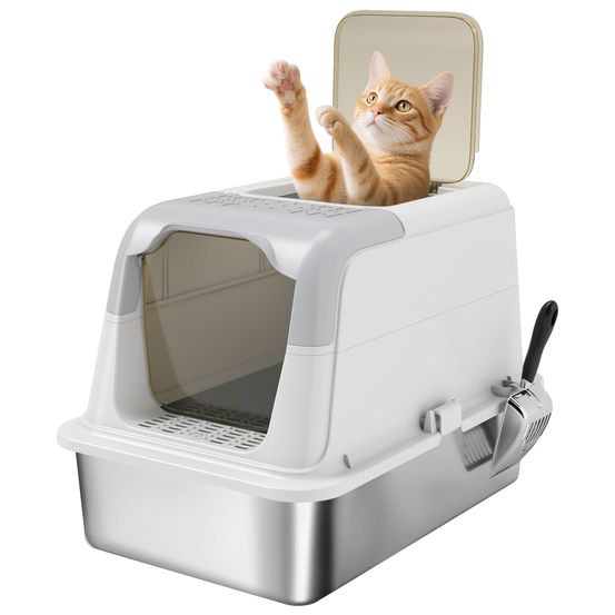 Maison de toilette acier inoxydable chats sortie par le haut 60x40x41cm blanc