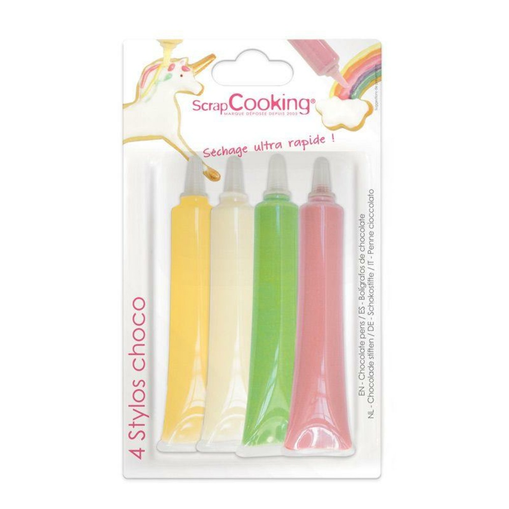 4 stylos chocolat - rose, vert, jaune et blanc - 4 x 25 g