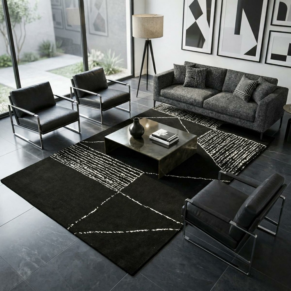 Tapis entrée 120x170 fait à la main noir et blanc rectangle motif géométrique