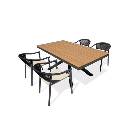 Lot composé d'une table de jardin lamu (180x100 cm) en aluminium et plateau polywood aspect bois