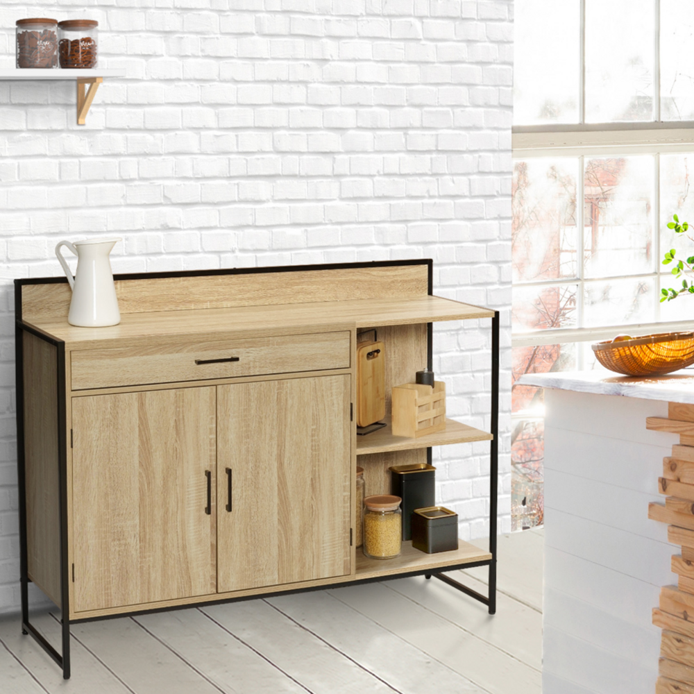 Buffet bas de cuisine 120 cm detroit plan de travail h. 83 cm 2 portes + tiroir design industriel
