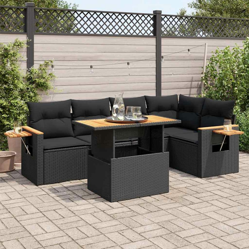 Salon de jardin 6 pcs avec coussins noir résine tressée acacia