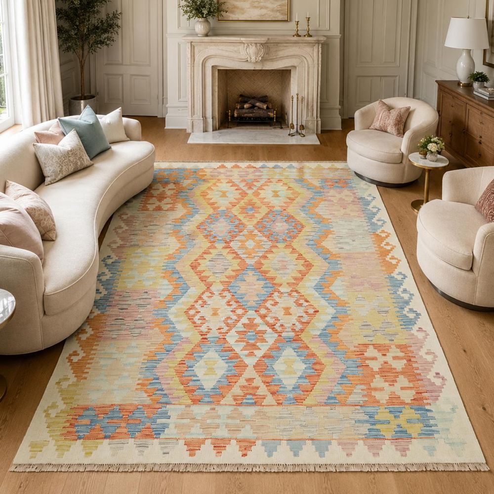 Tapis kilim 128 x 173 cm, multicolore bleu et orange, laine naturelle, kilim 85
