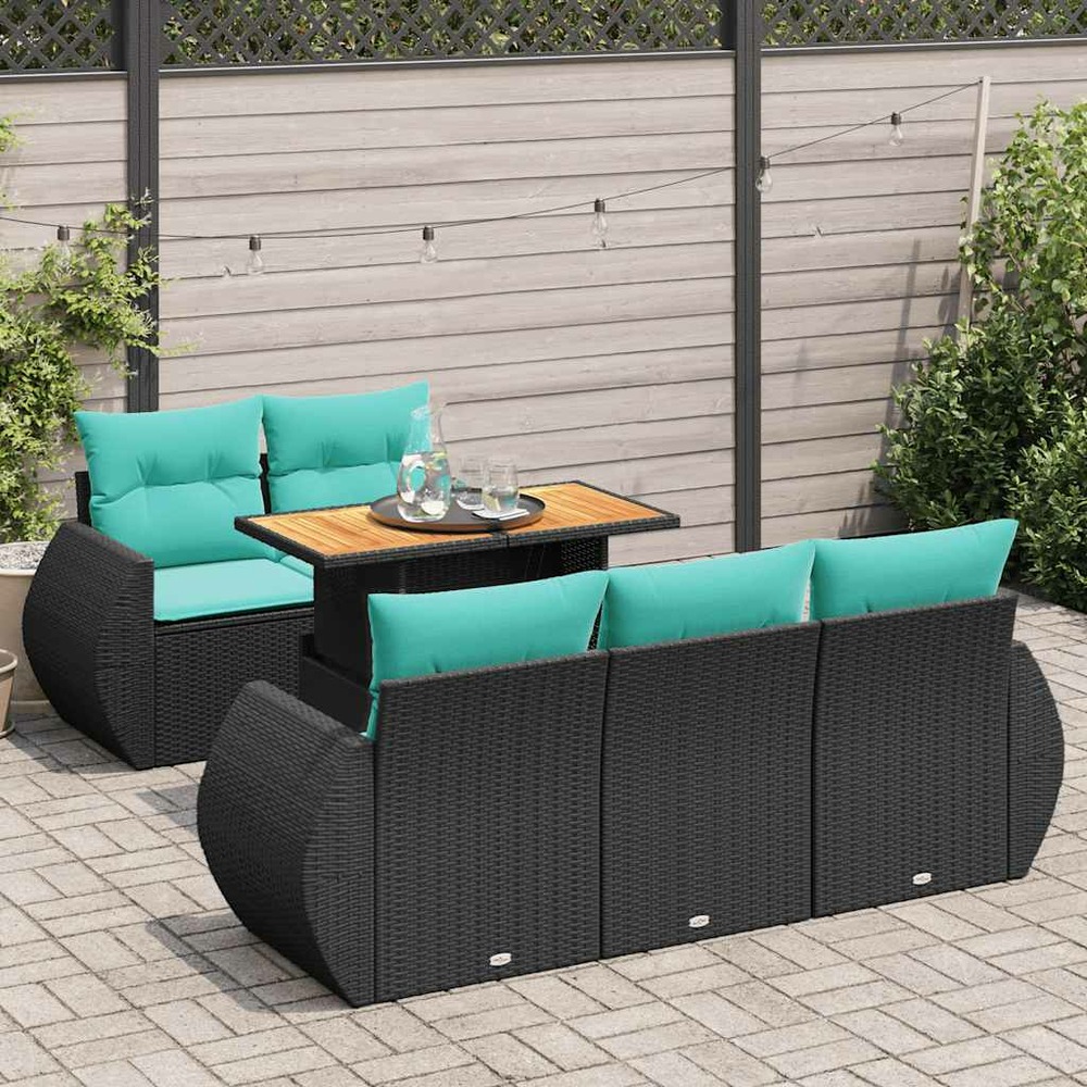 Salon de jardin 6 pcs avec coussins noir résine tressée