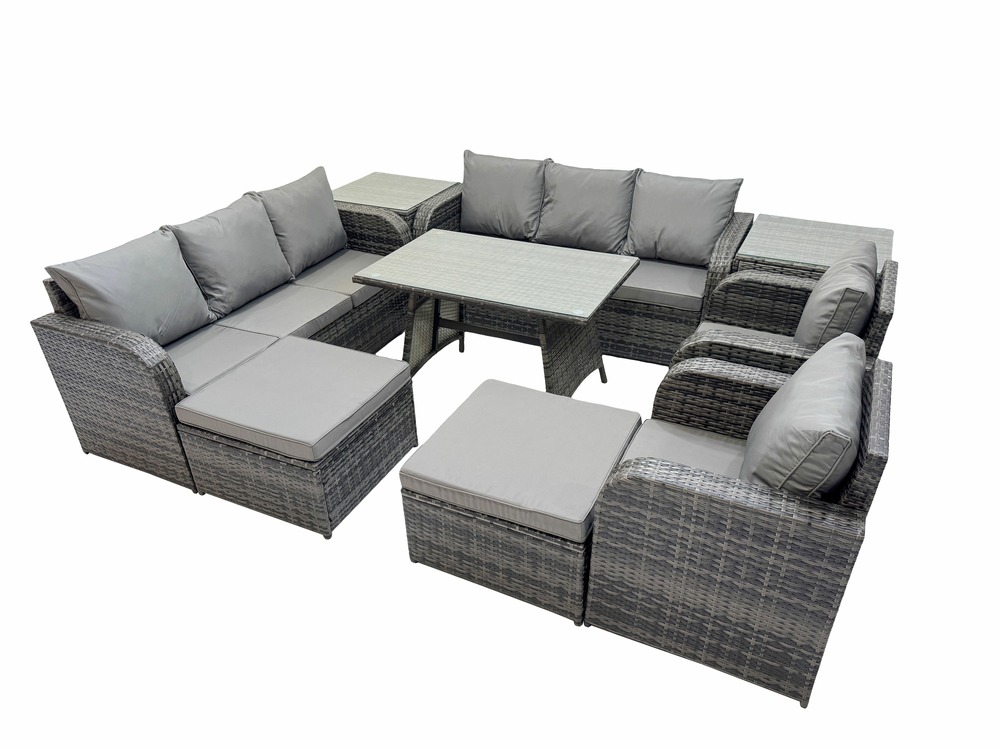 Ensemble de canapés en rotin salon de jardin avec table à manger rectangulaire 2 tables d'appoint 2 grand tabourets gris foncé mixte