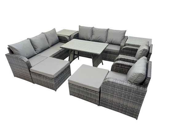 Ensemble de canapés en rotin salon de jardin avec table à manger rectangulaire 2 tables d'appoint 2 grand tabourets gris foncé mixte