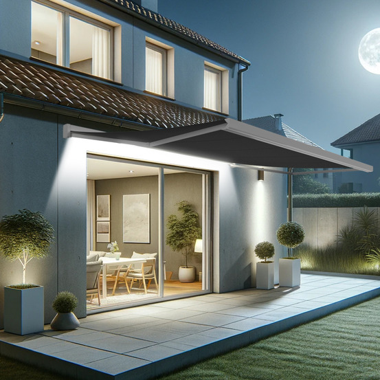 Store banne coffre intégral soa 5,00x3,50 m (motorisé secours à télécommande + led - blanc satiné ral9010 - gris graphite)