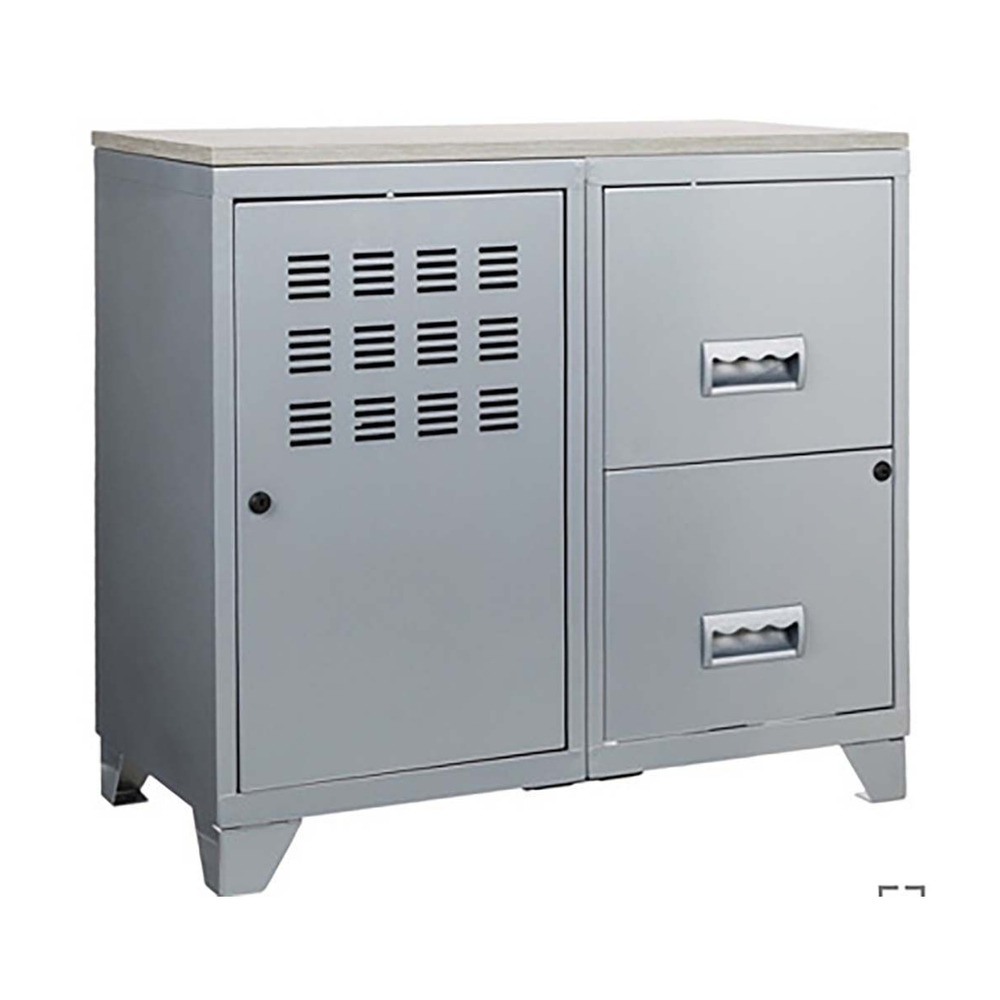 Armoire 1 porte et 2 grands tiroirs en acier avec plateau bois alu