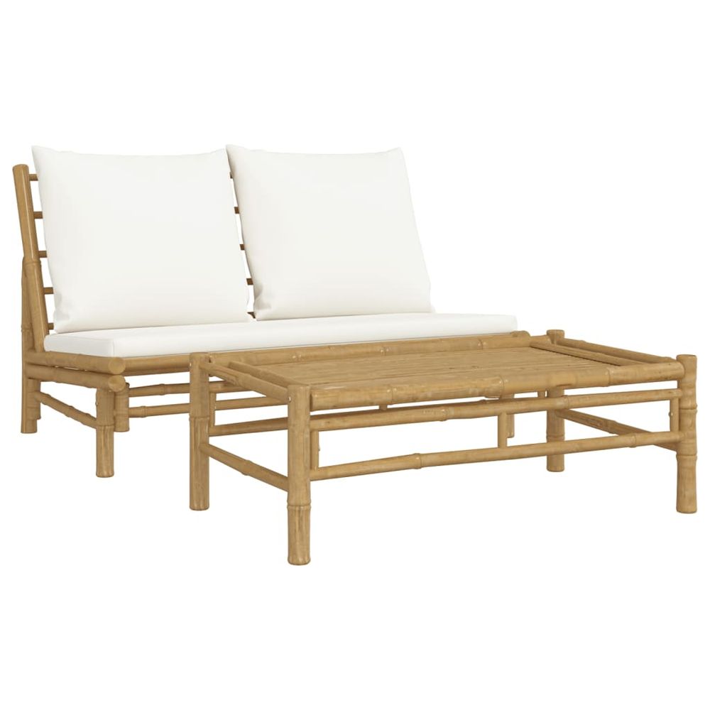 Salon de jardin 2 pcs avec coussins blanc crème bambou