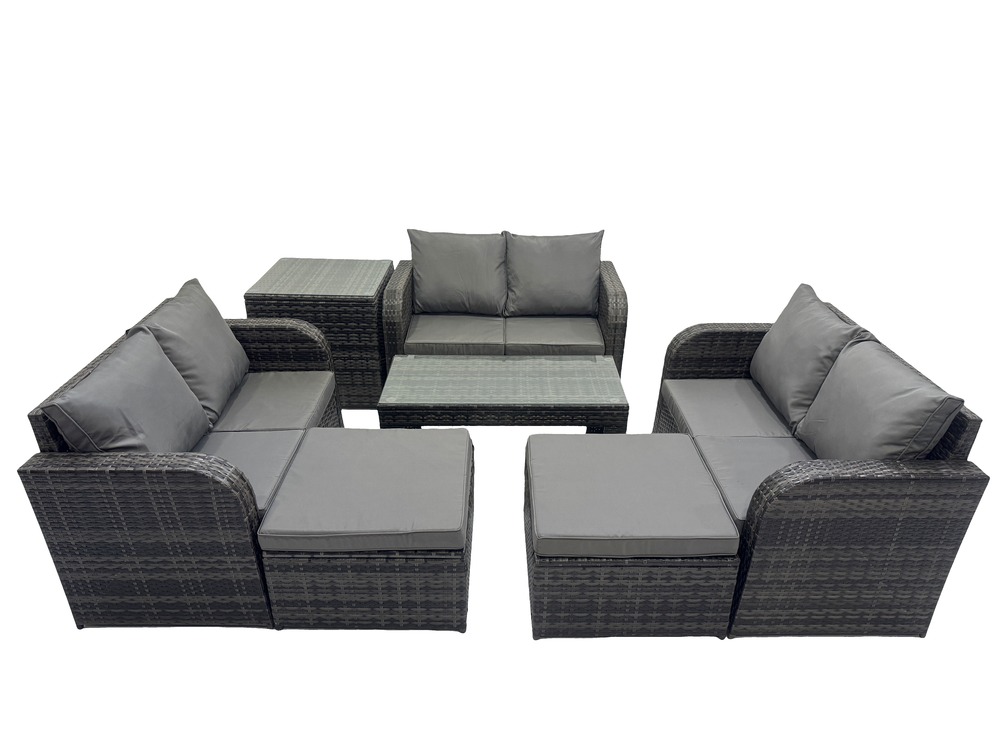 Ensemble de meubles de jardin en polyrotin 7 pièces avec table basse canapé à deux places 2 grand tabourets table d'appoint