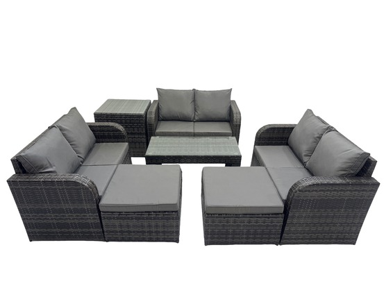 Ensemble de meubles de jardin en polyrotin 7 pièces avec table basse canapé à deux places 2 grand tabourets table d'appoint
