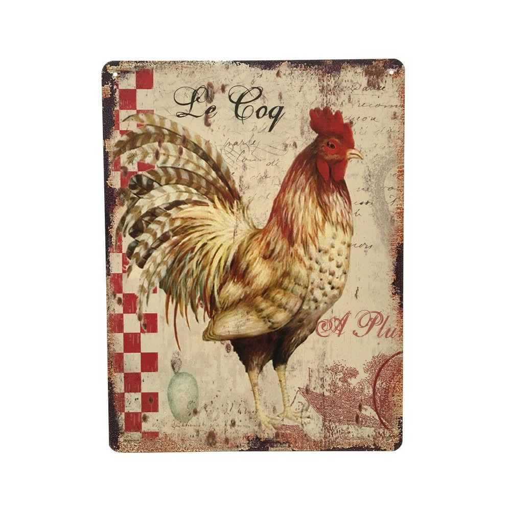 Plaque murale décorative vintage en métal multicolore coq 33x25cm