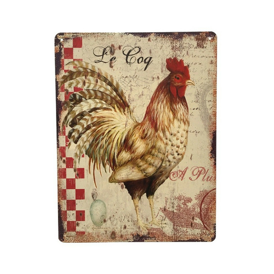 Plaque murale décorative vintage en métal multicolore coq 33x25cm