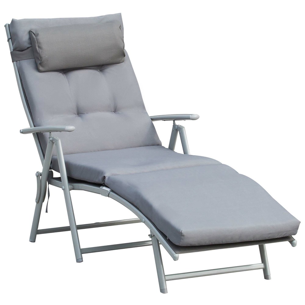 Transat pliable et réglable avec coussin, en métal gris.
