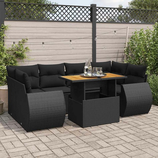 Salon de jardin 7 pcs avec coussins noir résine tressée