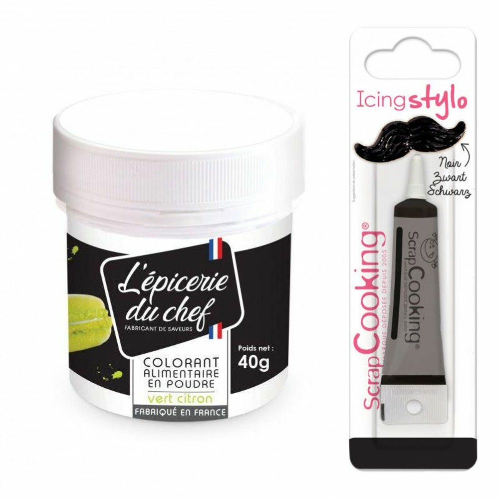 Colorant alimentaire en poudre vert citron 40 g + stylo glaçage noir