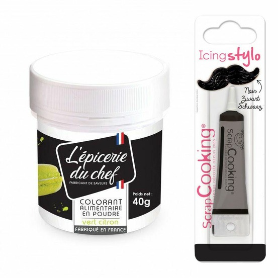 Colorant alimentaire en poudre vert citron 40 g + stylo glaçage noir