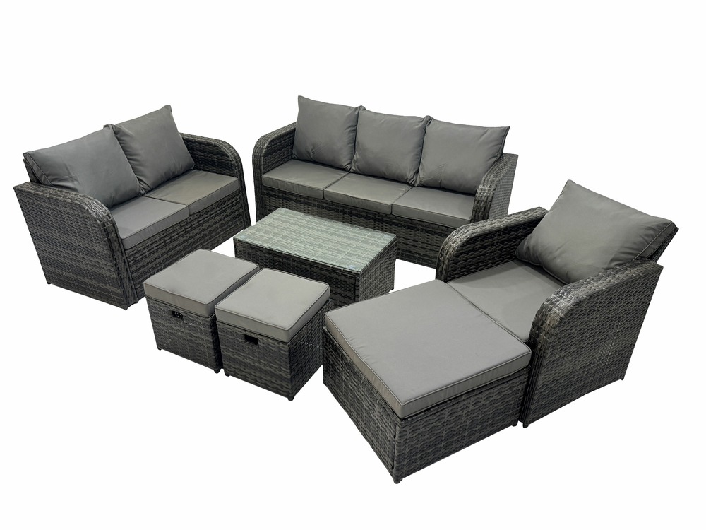 Ensemble de meubles de jardin en polyrotin 7 pièces avec table basse rectangulaire canapé d'amour 3 tabourets