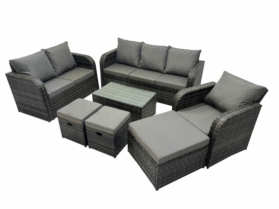 Ensemble de meubles de jardin en polyrotin 7 pièces avec table basse rectangulaire canapé d'amour 3 tabourets