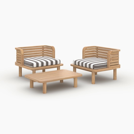 Kilda-salon de jardin 2 places en teck et tissu rayé gris, 2 fauteuils