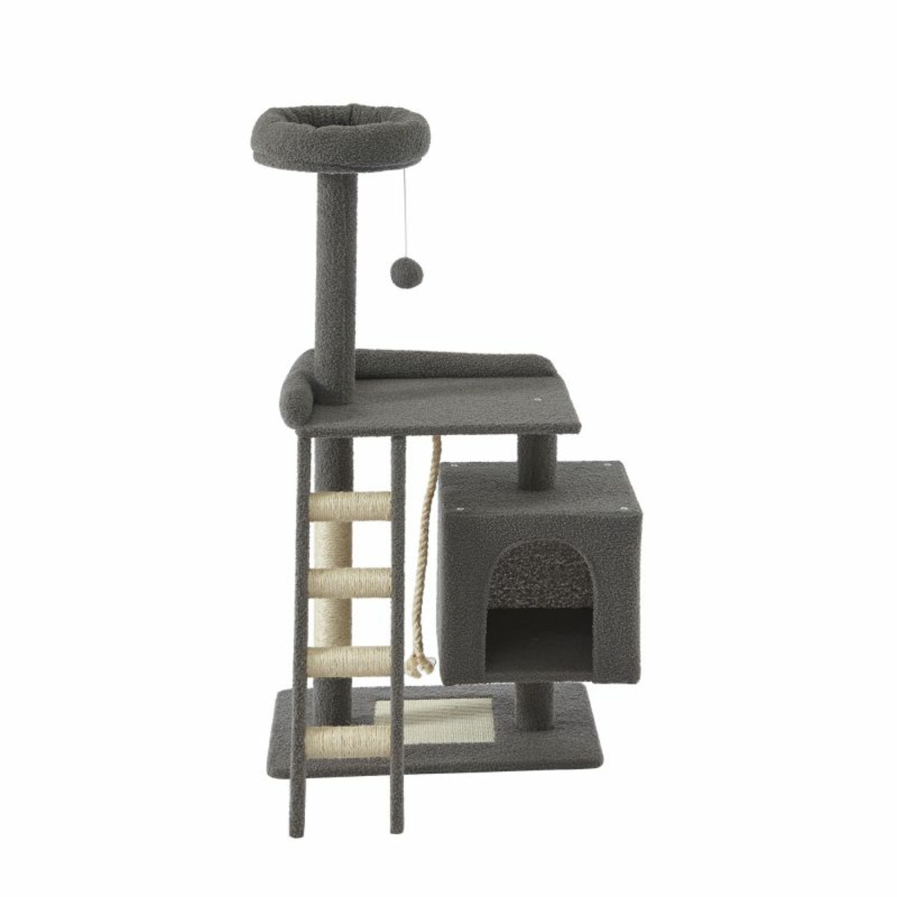 Arbre à chat avec niche escalier et poteaux en griffoir plateforme et  composants en bois mélaminé et jouet ht 115cm ergo (gris)