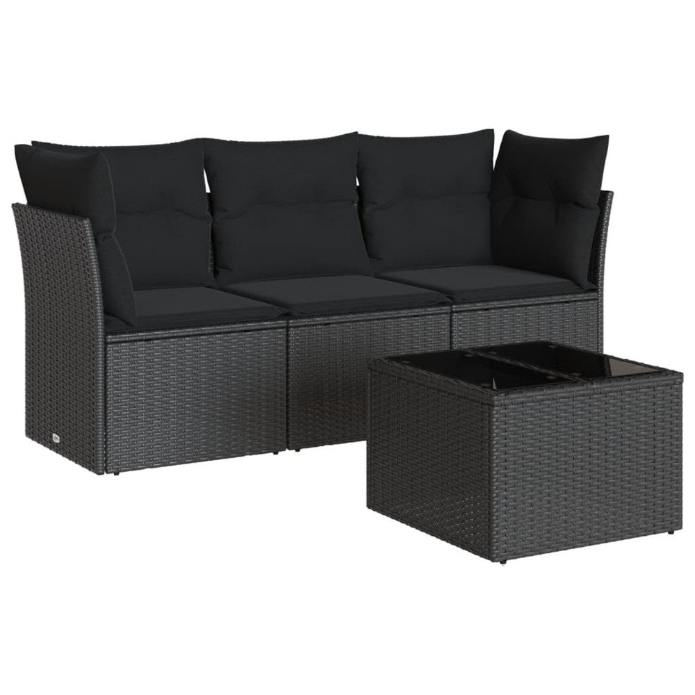 Salon de jardin 4 pcs avec coussins noir résine tressée
