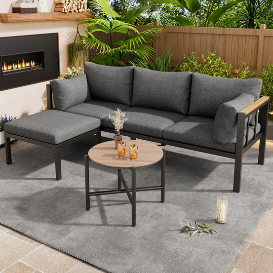 Ensemble de mobilier de jardin, canapé d'angle, table basse, repose-pieds, acier galvanisé, plateau en verre, gris