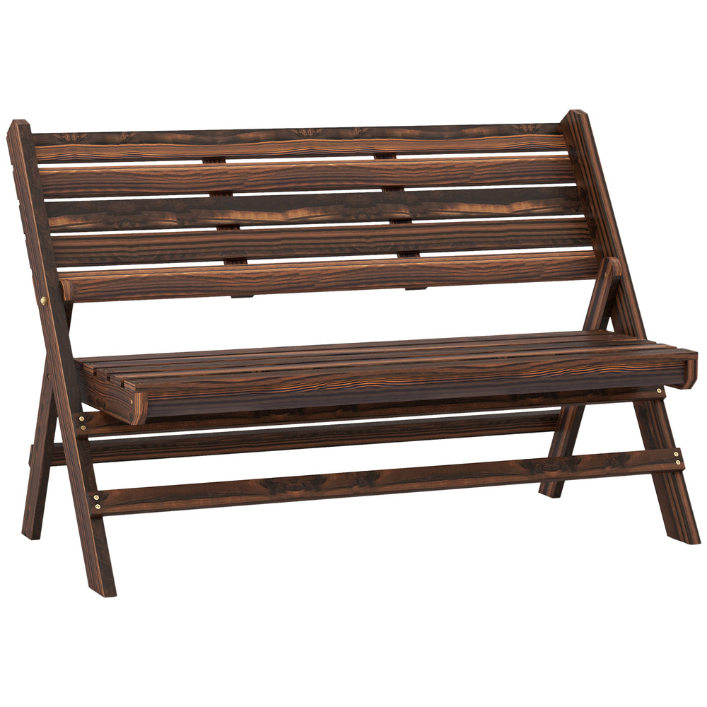 Banc de jardin 2 places pliable en bois naturel carbonisé, style rustique, 122 x 63 x 83 cm, meuble de balcon