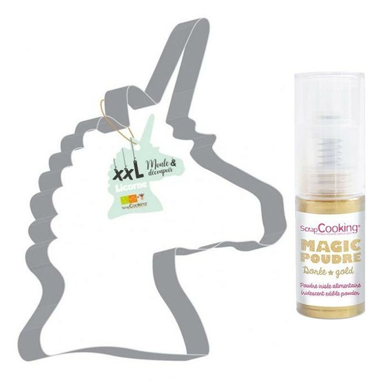 Découpoir à pâtisserie inox xxl licorne + 1 poudre alimentaire irisée dorée