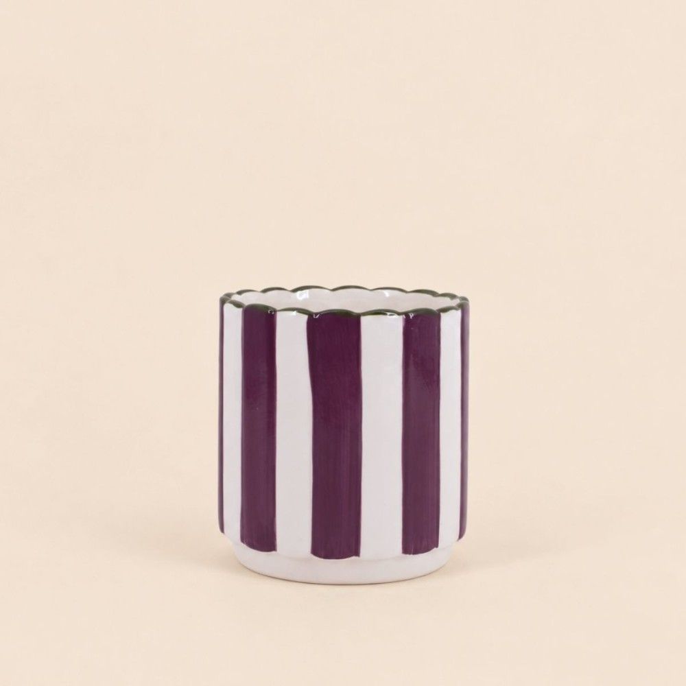 Cache-pot en céramique rayé bordeaux festonné 14x15cm